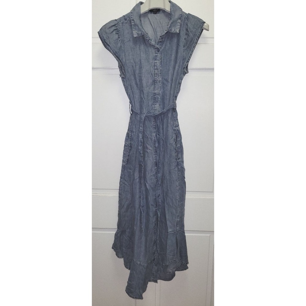 Velvet Heart 100% Tencil Chambray Asymmetrical Ruffle Cap Sleeve Midi Dress - S